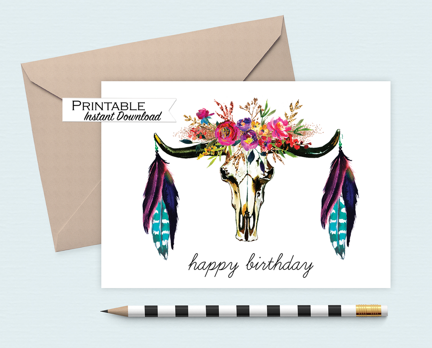 Boho Skull Girlfriend Birthday Card Printable - Digital Download