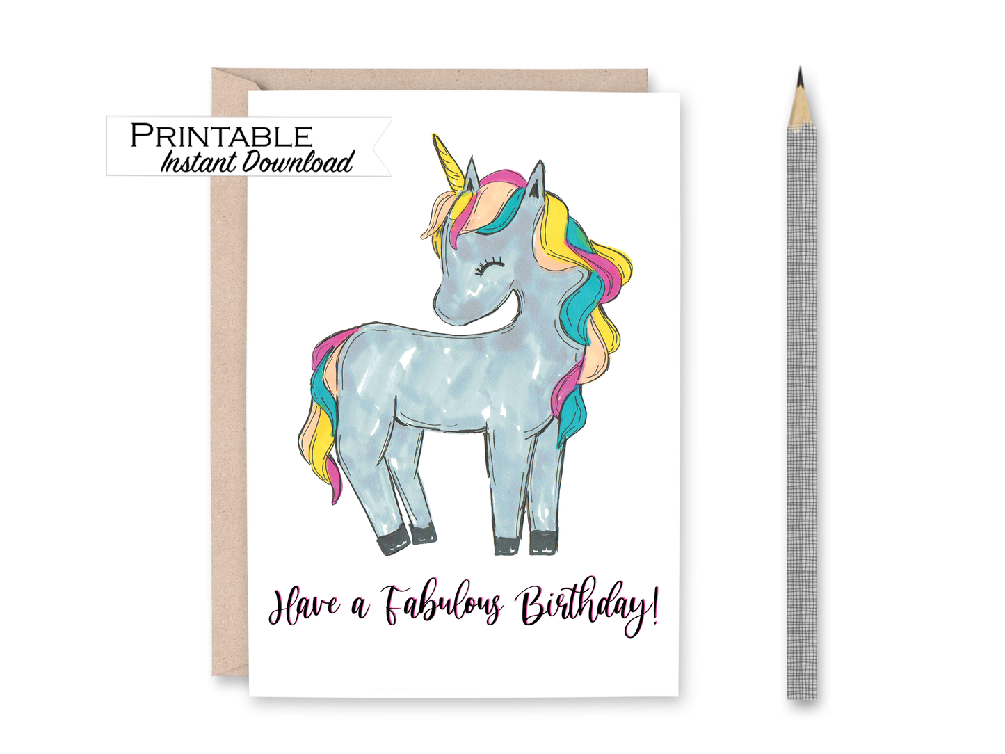 Have a Fabulous Birthday Watercolor Unicorn Birthday Card Printable - Digital Download