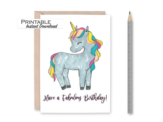 Have a Fabulous Birthday Watercolor Unicorn Birthday Card Printable - Digital Download