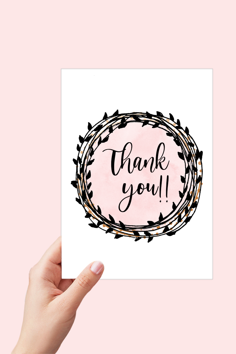 Pink and Black Simple Thank you Card Printable - Digital Download