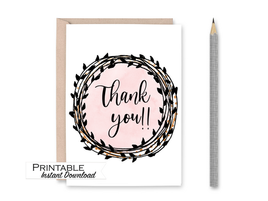 Pink and Black Simple Thank you Card Printable - Digital Download
