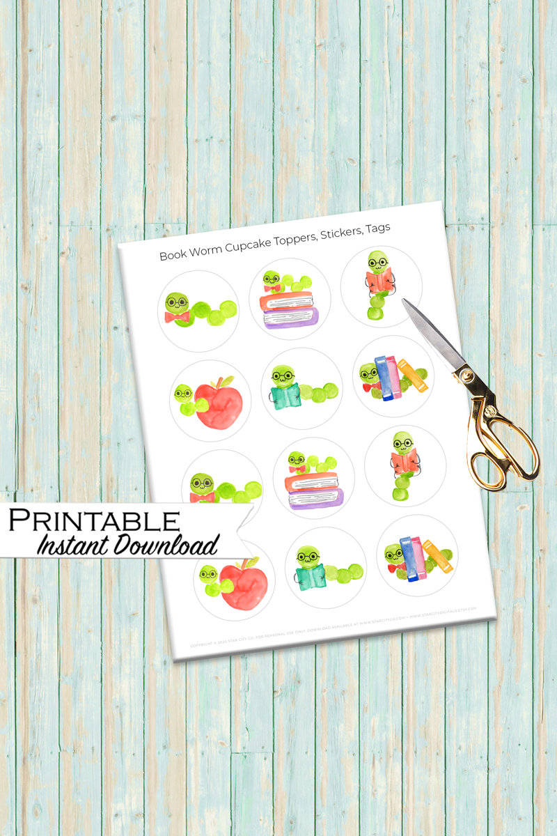 Bookworm Printable Cupcake Toppers