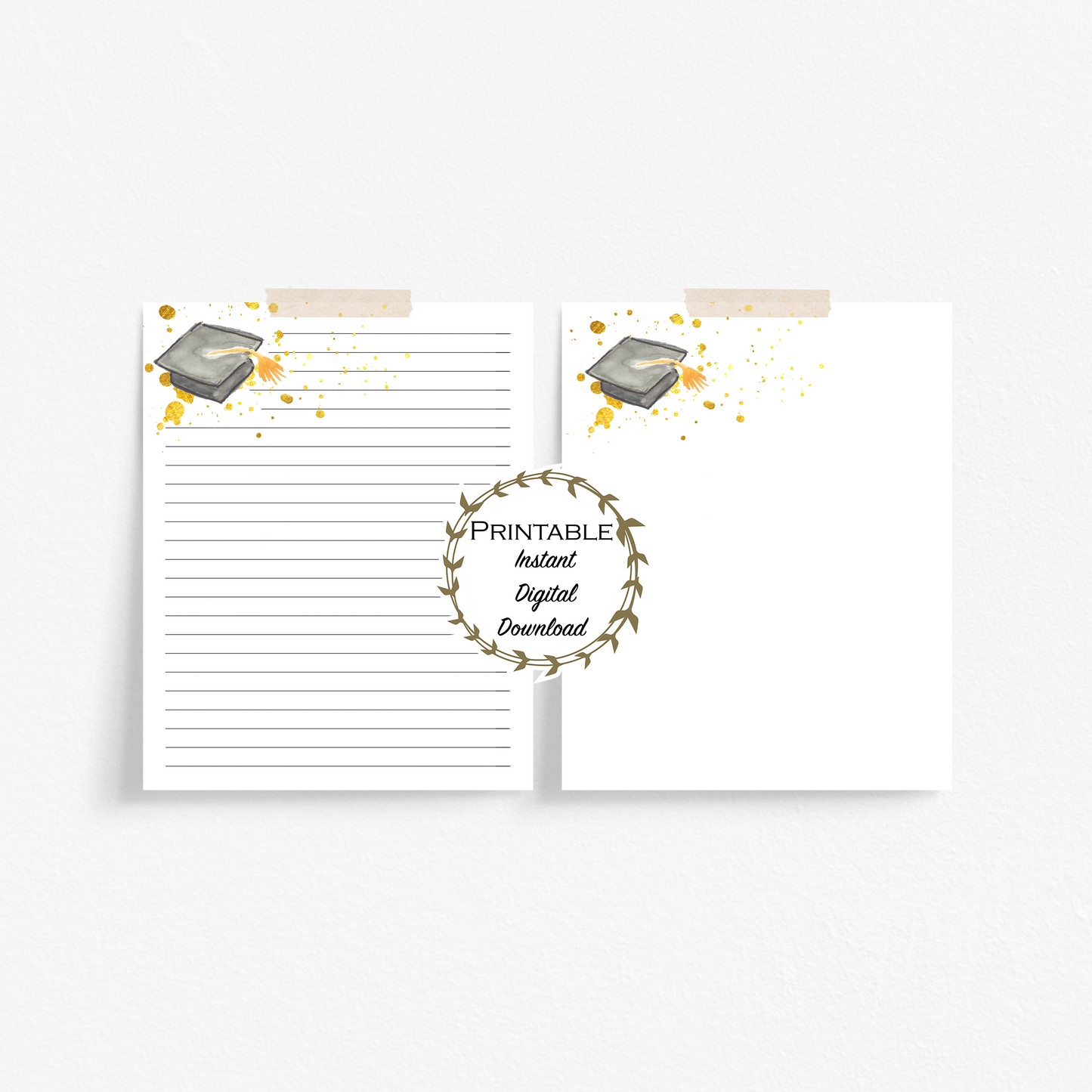 Graduation Cap Watercolor Printable Stationery - Unlined & Lined Stationery Set