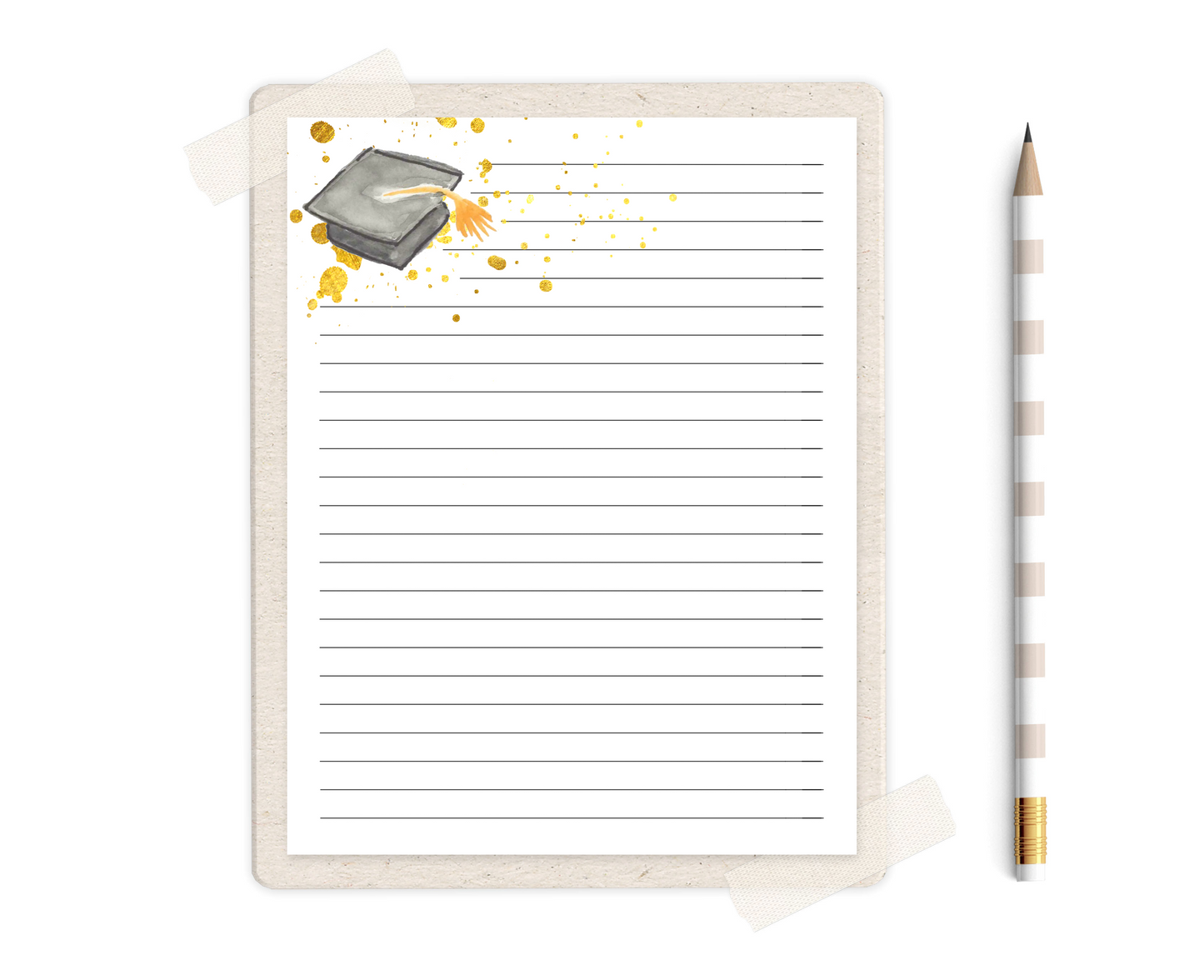 Graduation Cap Watercolor Printable Stationery - Unlined & Lined Stationery Set