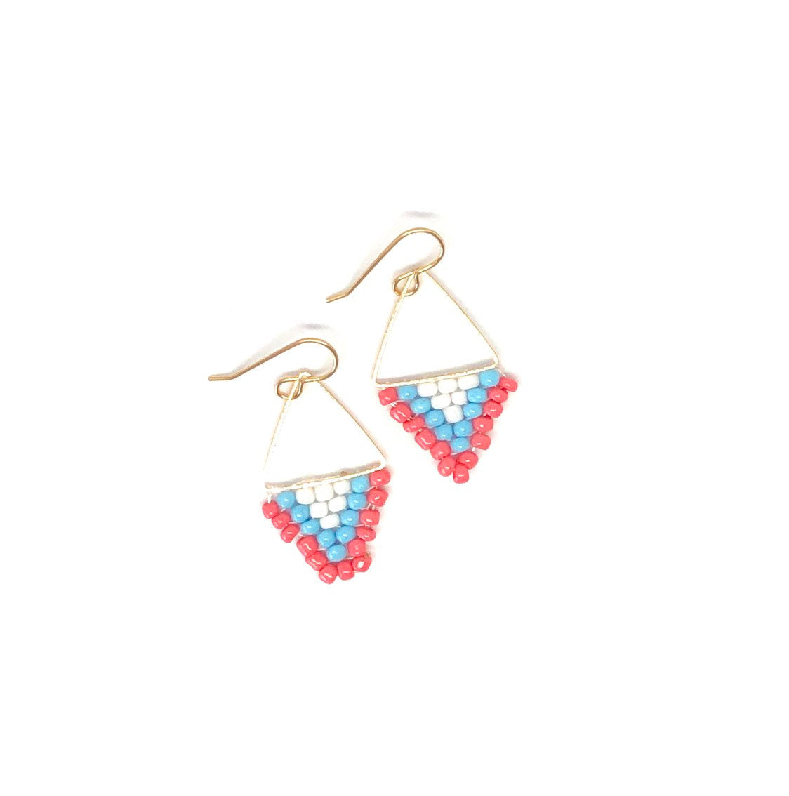 Pink Blue White Beaded Dangle Triangle Earrings