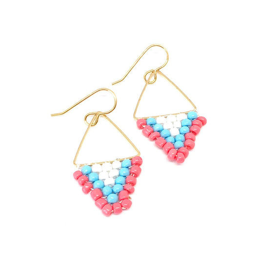Pink Blue White Beaded Dangle Triangle Earrings