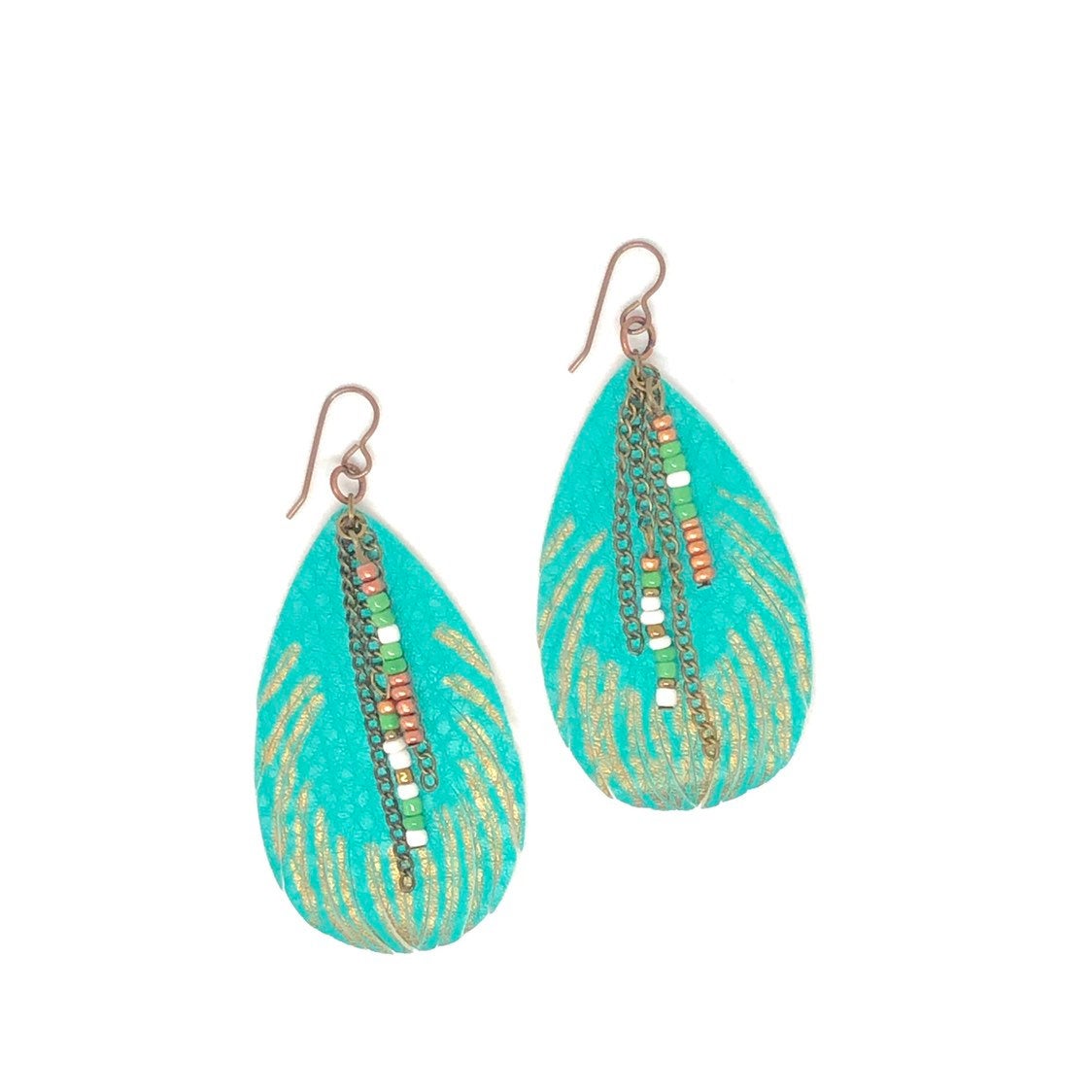 Turquoise Leather Feather Earrings
