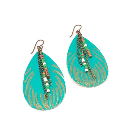 Turquoise Leather Feather Earrings