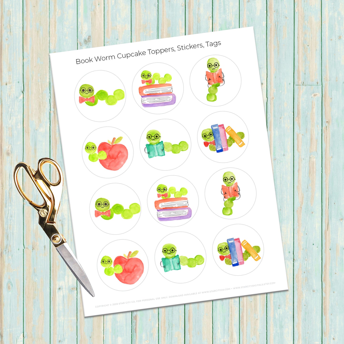 Bookworm Printable Cupcake Toppers