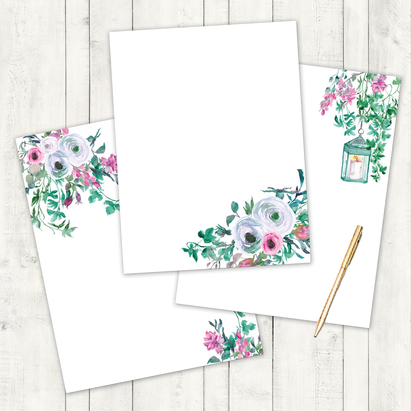 Floral Pink and Green Watercolor Stationery Set Printable - Digital Download