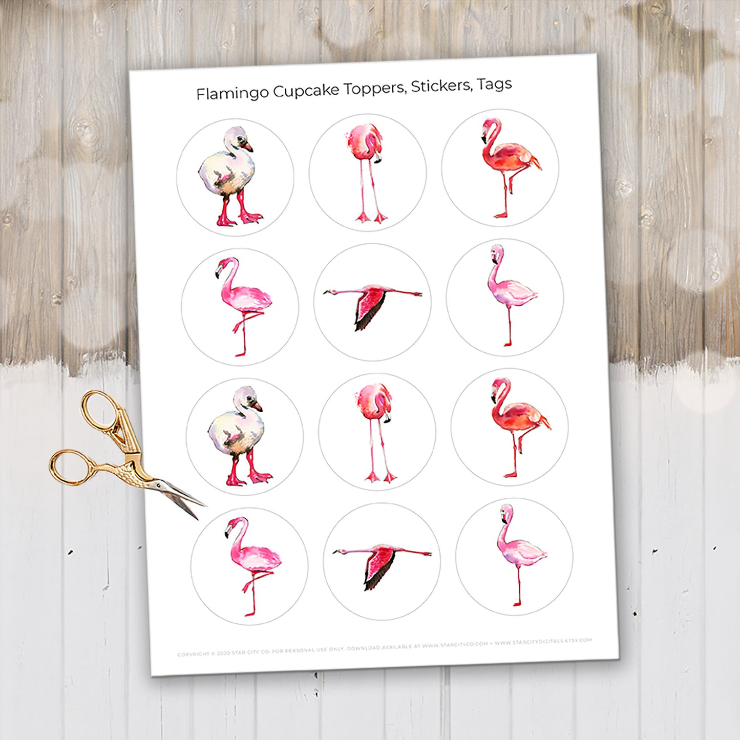 Pink Flamingo Printable Cupcake Toppers Printable - Digital Download