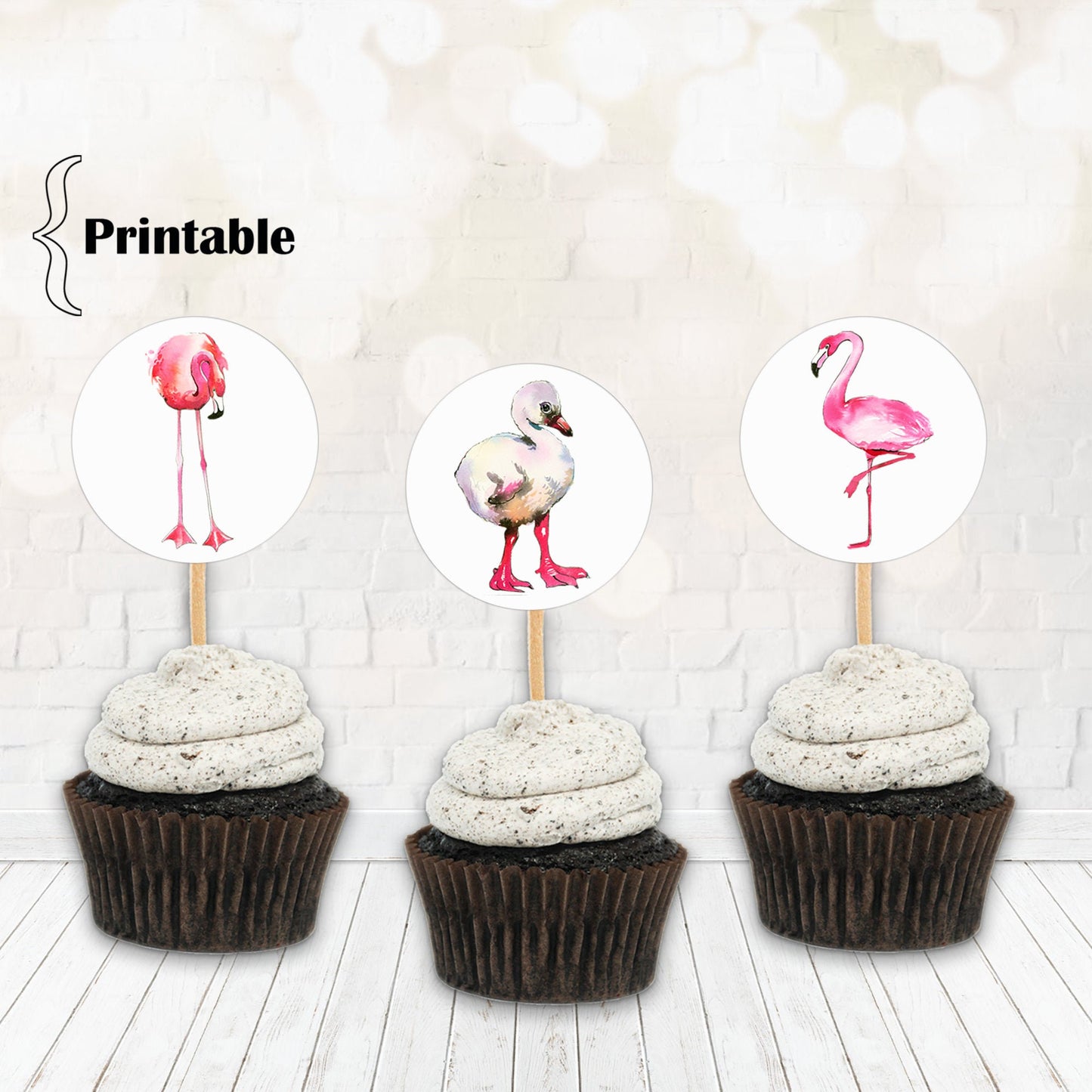 Pink Flamingo Printable Cupcake Toppers Printable - Digital Download