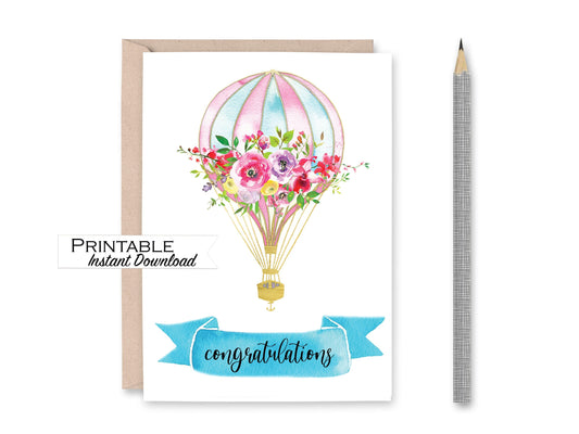 Hot air Balloon Congratulations Card Printable - Digital Download
