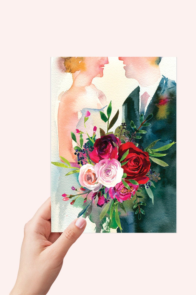 Bride and Groom Watercolor Wedding Card Printable - Digital Download
