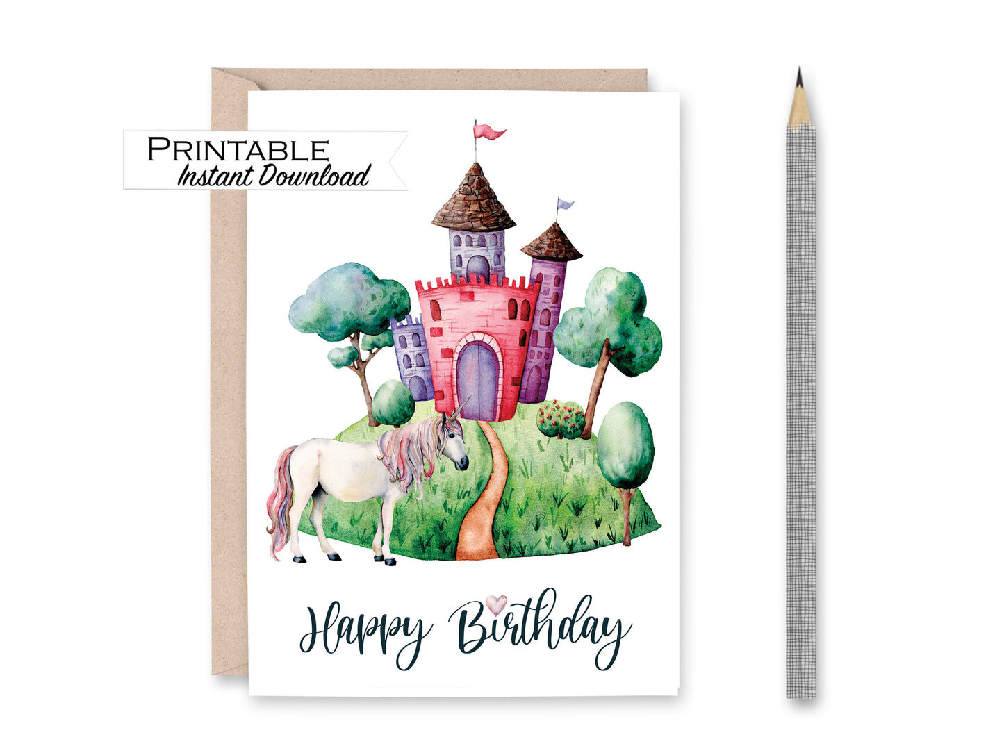 Princess Fairy Tale Unicorn Birthday Card Printable - Digital Download