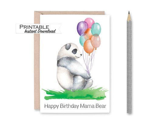 Mama Bear Birthday Card - Panda with Balloons Printable - Digital Download