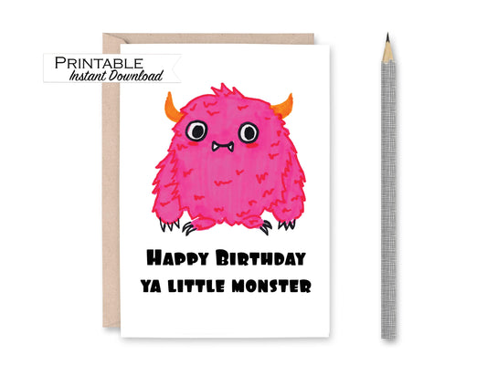 Pink Monster Kids Birthday Card Printable - Digital Download
