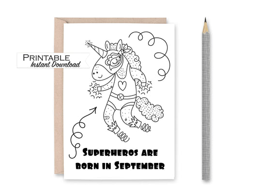 September Superhero Birthday Coloring Card Printable - Digital Download