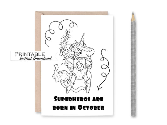 October Superhero Birthday Card Printable - Digital Download