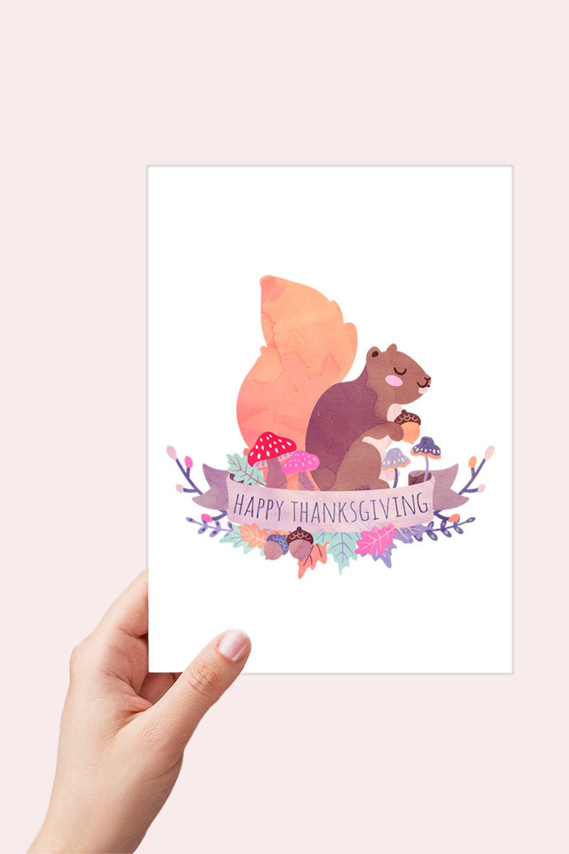 Thanksgiving Card, Squirrel Watercolor, Happy Thanksgiving Card Printable