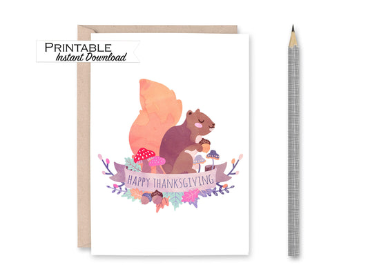 Thanksgiving Card, Squirrel Watercolor, Happy Thanksgiving Card Printable
