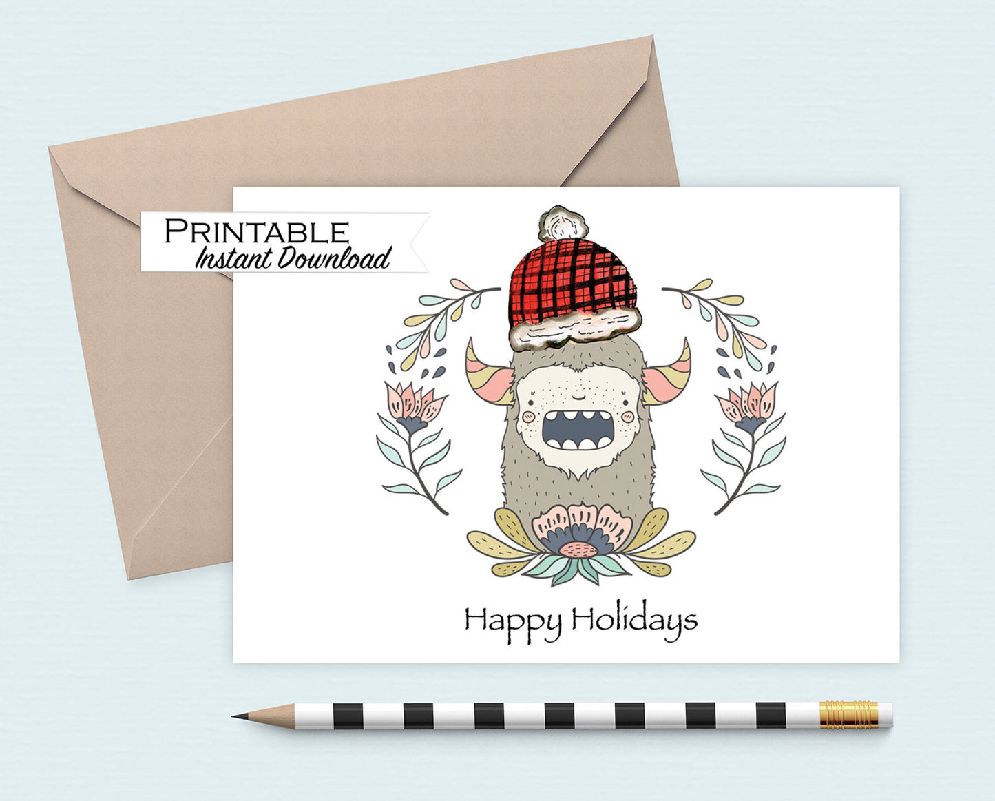 Yeti, Sasquatch, Bigfoot, Happy Holidays Card, Christmas Card, Printable Card