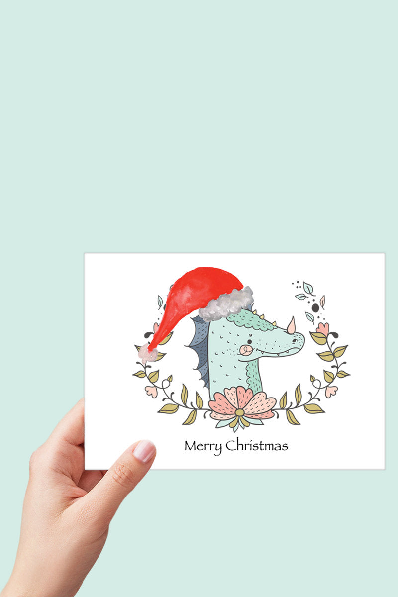 Dragon Christmas Card, Merry Christmas, Magical Christmas Card, Santa Hat, Printable Card