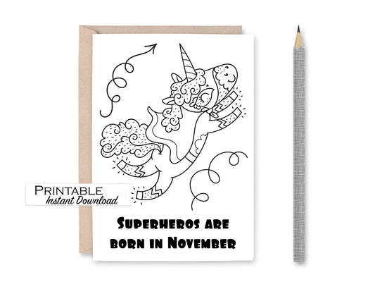 November Superhero Birthday Card Printable - Digital Download