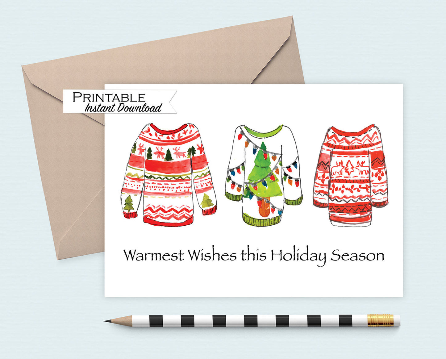 Warmest Wishes Ugly Christmas Sweater Card Printable - Digital Download