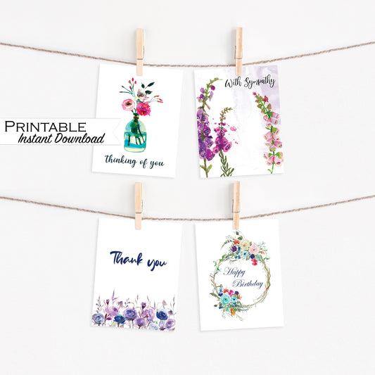 Watercolor Floral Card Set, Pretty Floral Cards, Birthday Card, Thank You Card, Sympathy Card, Thinking of you, Digital Download