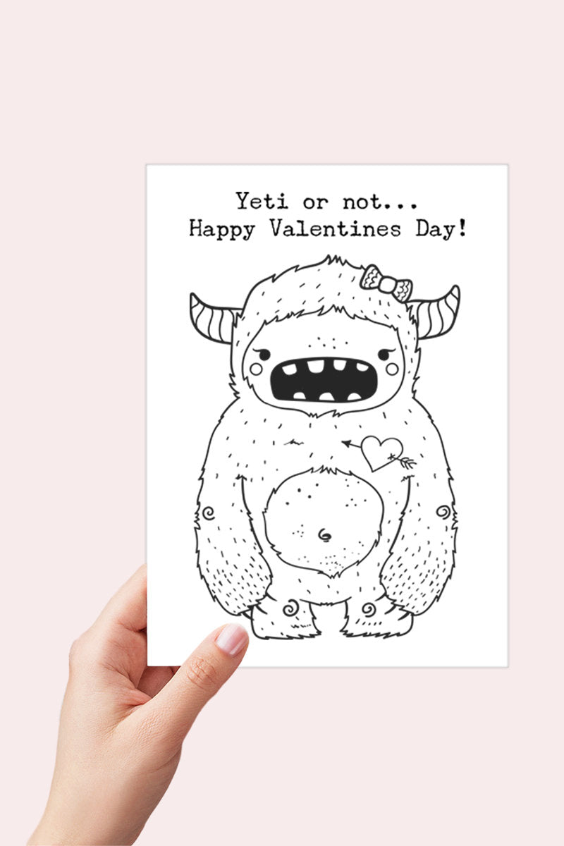 Yeti or Not Happy Valentines Day Coloring Greeting Card Printable - Digital Download