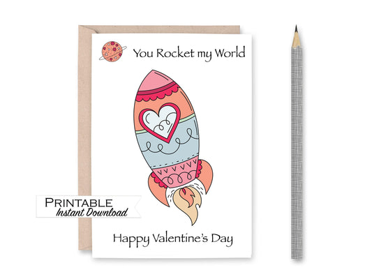 You Rocket my World Valentines Card Printable - Digital Download