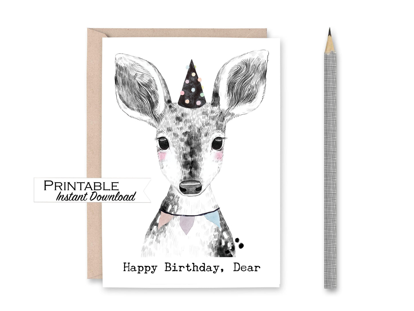 Cute Deer Birthday Card Printable - Digital Download