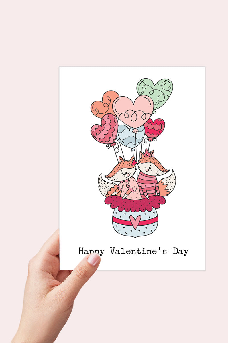 Hot air Balloon Fox Valentines Day Card Printable - Digital Download