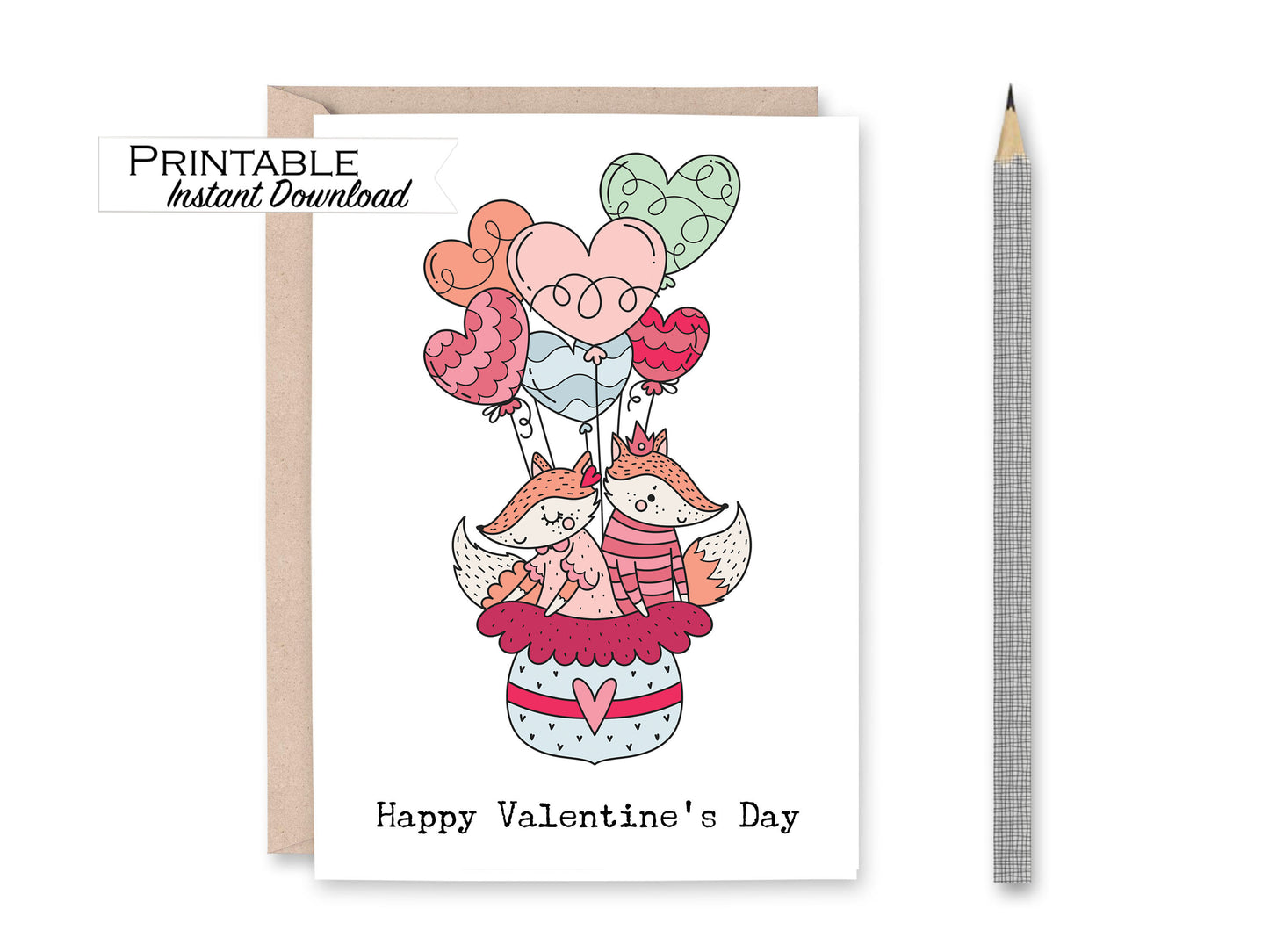 Hot air Balloon Fox Valentines Day Card Printable - Digital Download