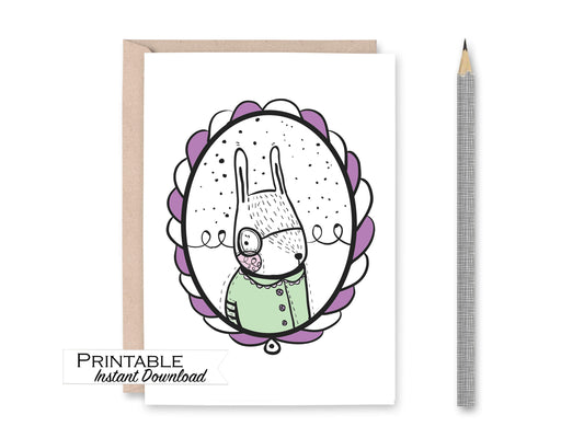Hipster Animals Bunny Blank Greeting Card Printable - Digital Download