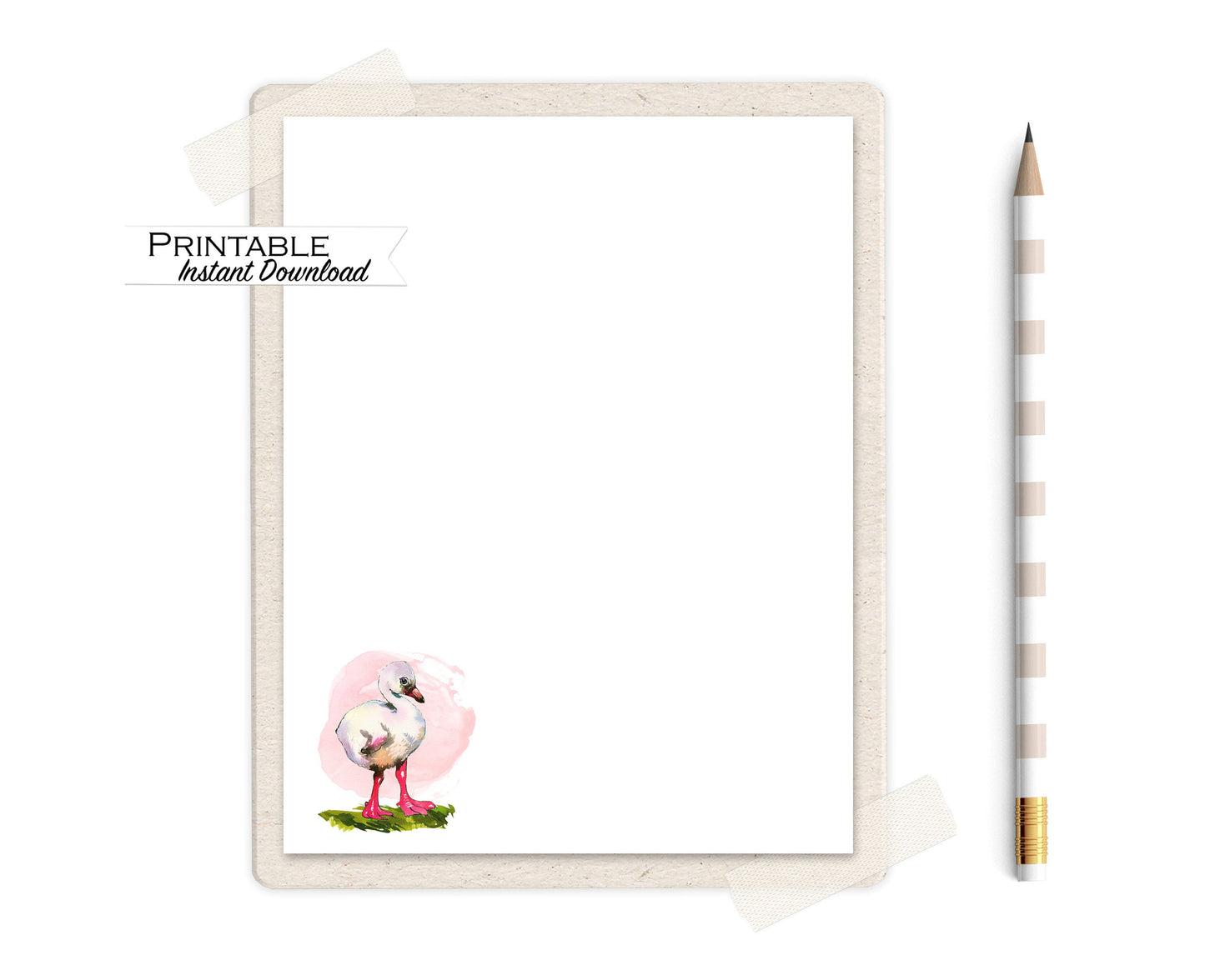 Watercolor Baby Flamingo Stationery Set Printable - Digital Download