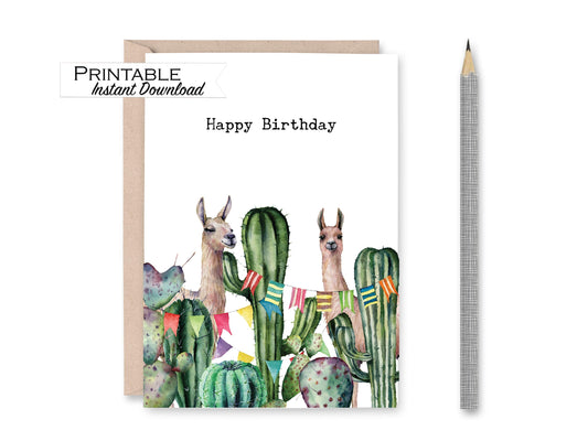 Llama Birthday Fiesta Cactus Birthday Card Printable - Digital Download