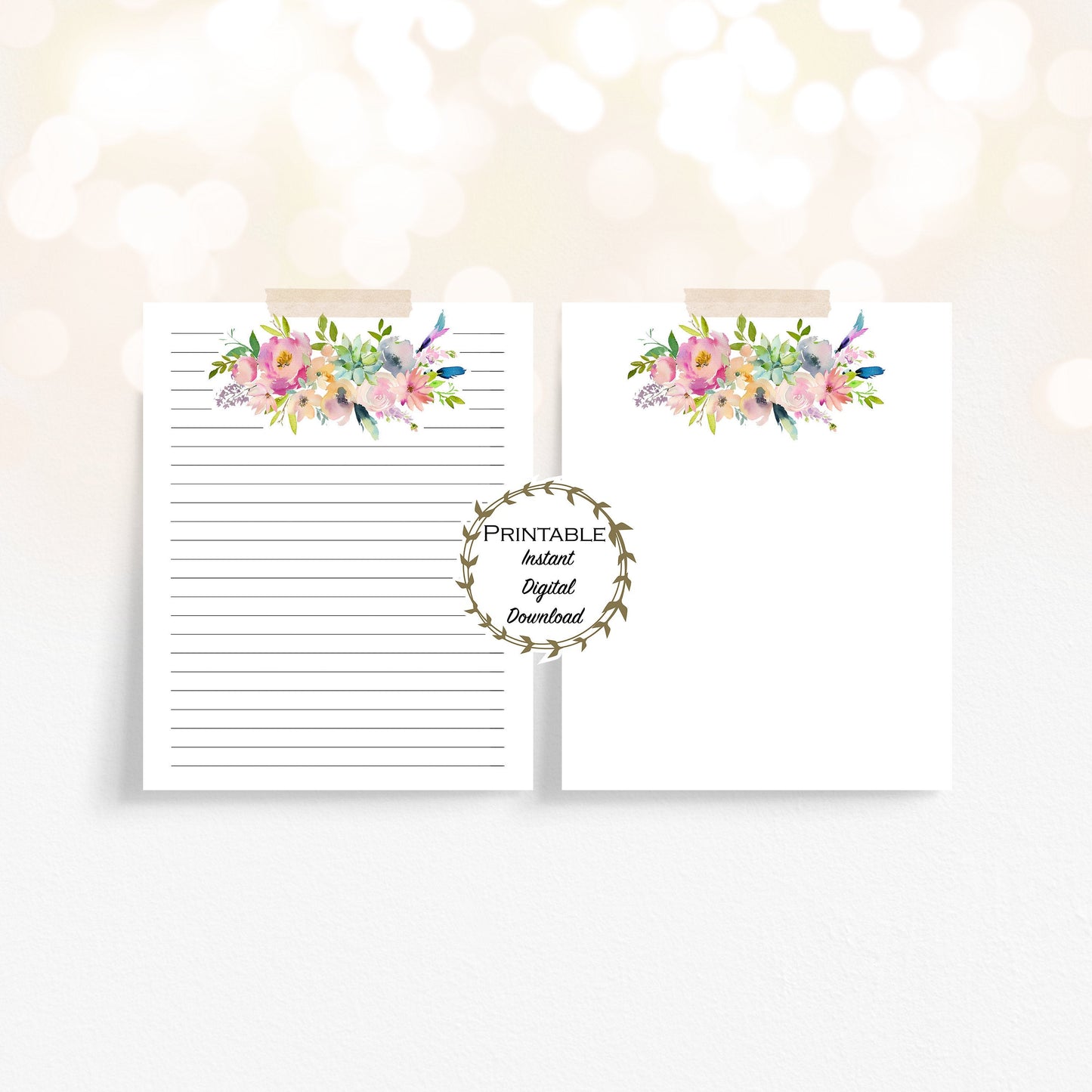 Bohemian Floral Bouquet Unlined & Lined Stationery Set Printable - Digital Download