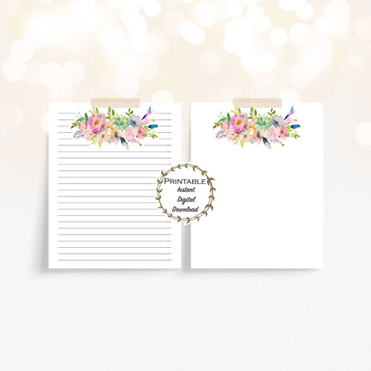 Bohemian Floral Bouquet Unlined & Lined Stationery Set Printable - Digital Download