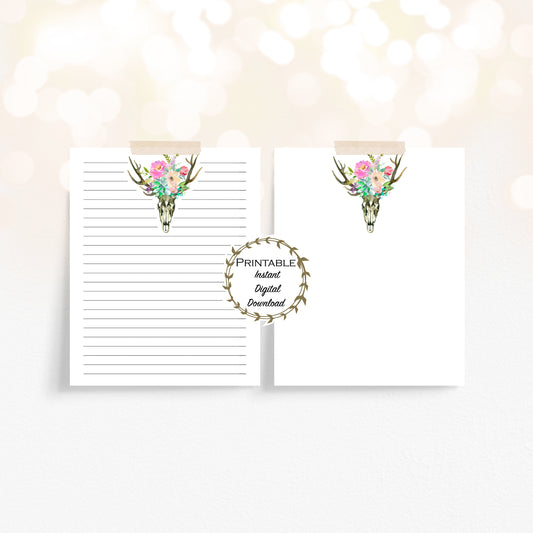 Boho Skull Unlined & Lined Stationery Set Printable - Digital Download