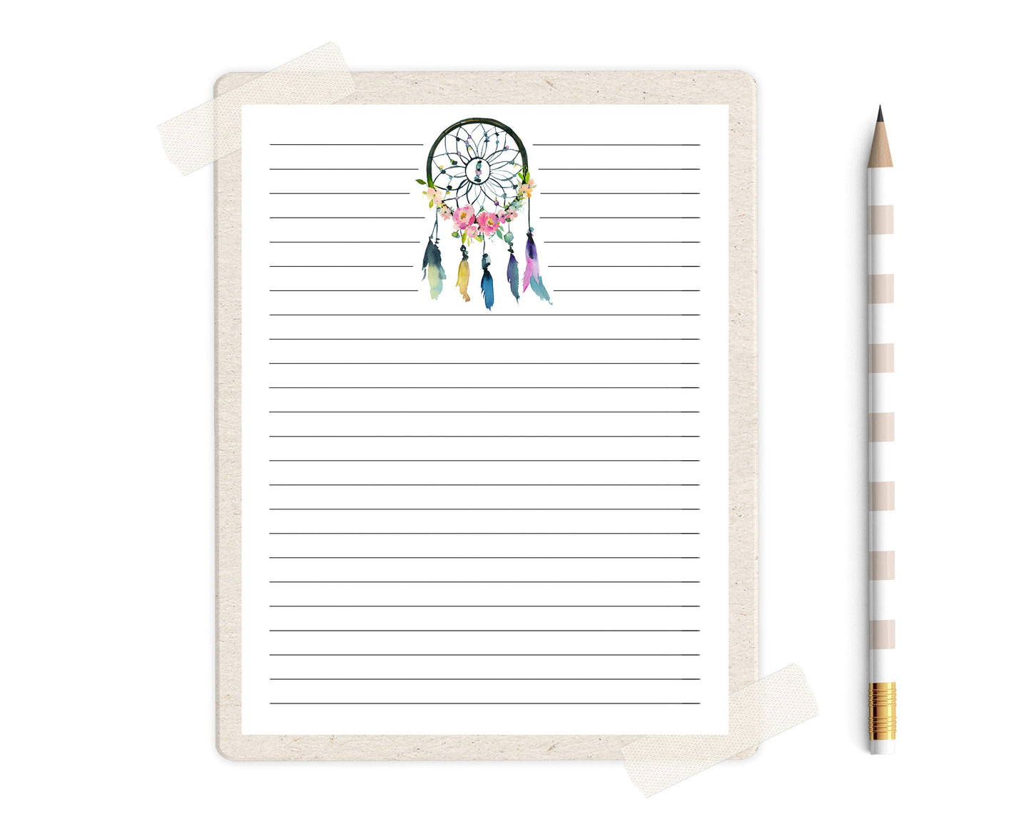 Boho Unlined & Lined Stationery Set - Florals, Skull, Dreamcatcher Printable - Digital Download