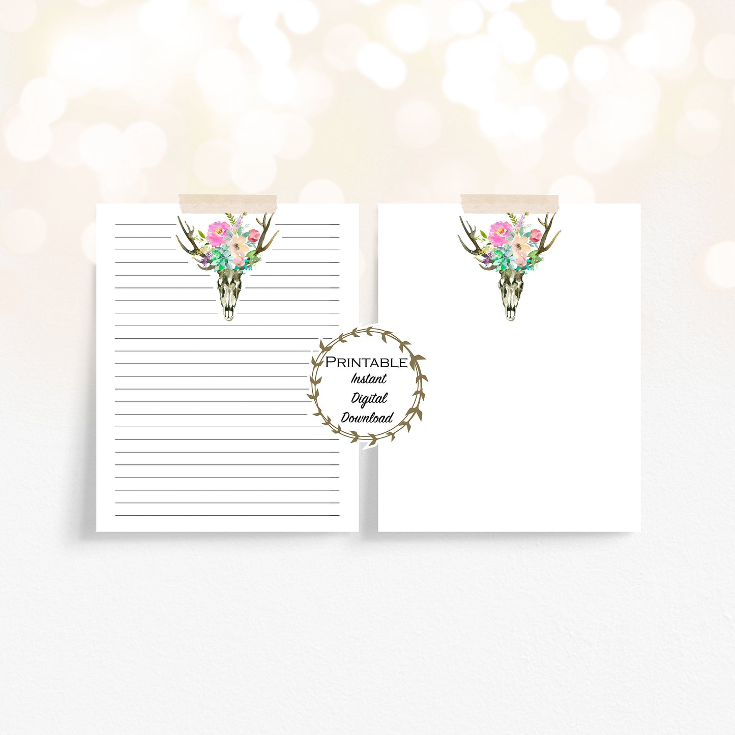 Boho Unlined & Lined Stationery Set - Florals, Skull, Dreamcatcher Printable - Digital Download