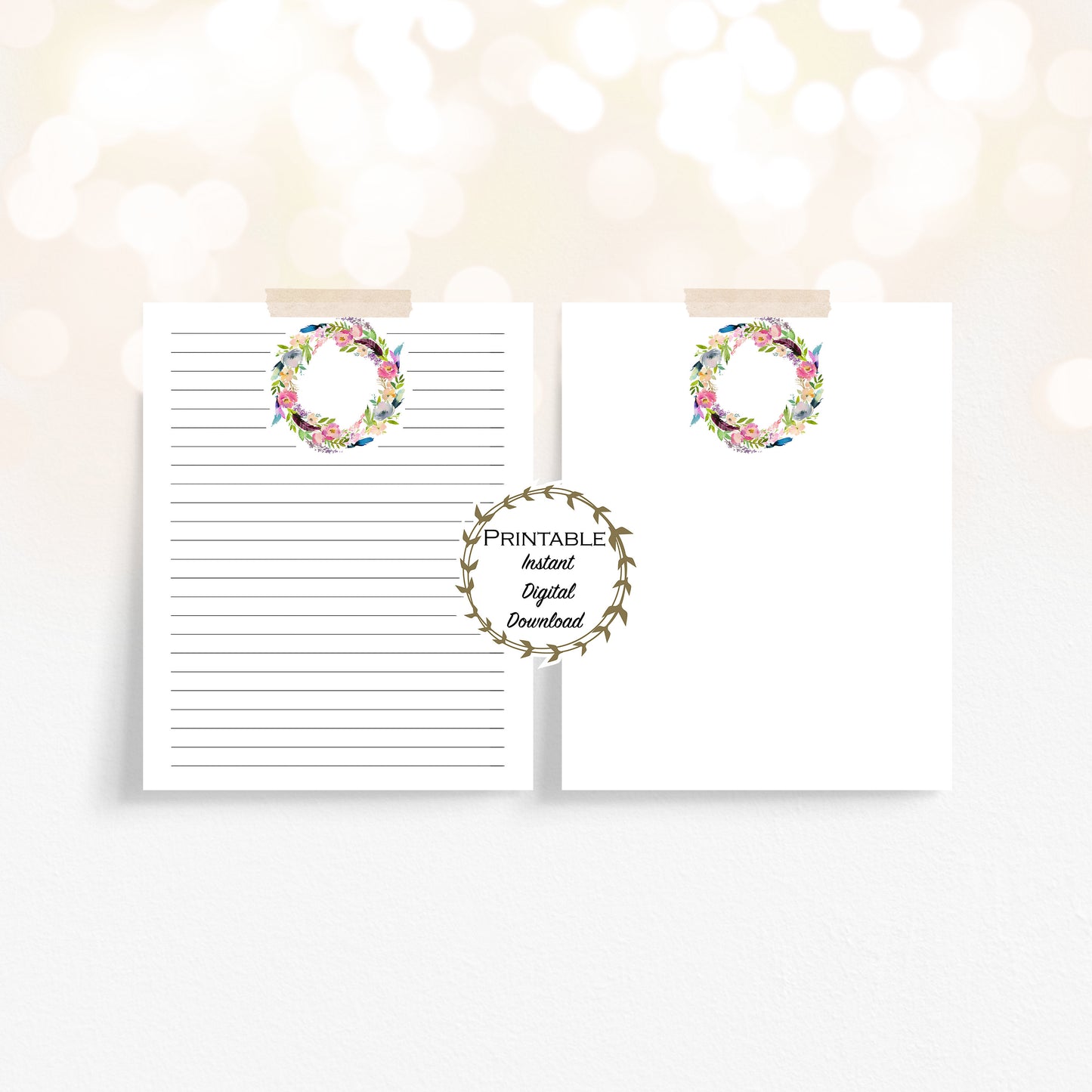 Boho Unlined & Lined Stationery Set - Florals, Skull, Dreamcatcher Printable - Digital Download