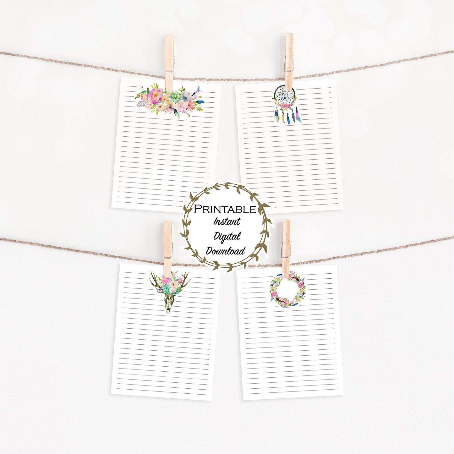 Boho Unlined & Lined Stationery Set - Florals, Skull, Dreamcatcher Printable - Digital Download