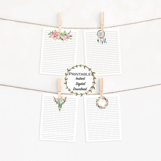 Boho Unlined & Lined Stationery Set - Florals, Skull, Dreamcatcher Printable - Digital Download