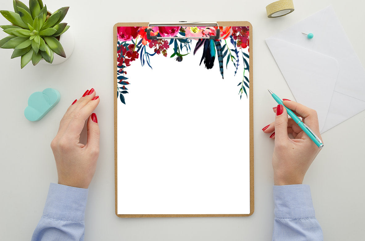 Red and Navy Blue Floral Watercolor Stationery Printable - Digital Download