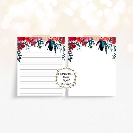 Red and Navy Blue Floral Watercolor Stationery Printable - Digital Download