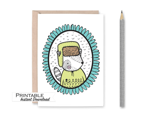 Hipster Animals Raccoon Blank Card Printable - Digital Download