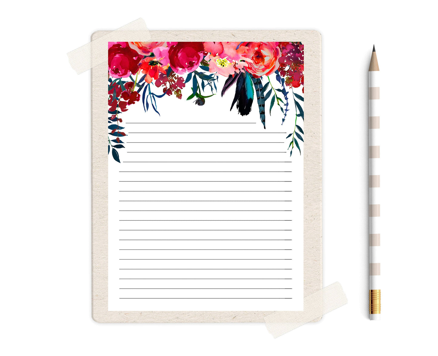Red and Navy Blue Floral Watercolor Stationery Printable - Digital Download
